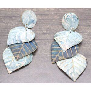 Metal Leaf Dangle Earrings Green Blue Two Tone Marbled Boho Chic Lightweight Vtg